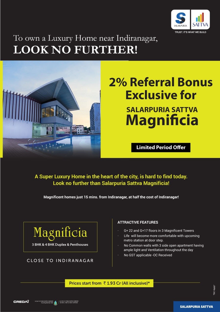 Get 2% referral bonus exclusive for Salarpuria Sattva Magnificia in Bangalore Update